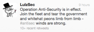 Tekst: Operation Anti-Security is in effect. Join the fleet and tear the government and whitehat peons limb from limb - #antisec winds are strong.