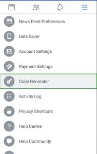 Posnetek Facebook menija na telefonu, kjer najdemo code generator