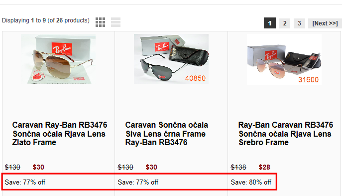 Primer spletne trgovine s ponarejenimi Ray-Ban očali, ki so bila za kar 80 % cenejša od "normalne" ponudbe
