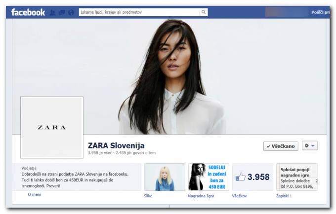 Lažna Facebook stran ZARA Slovenija