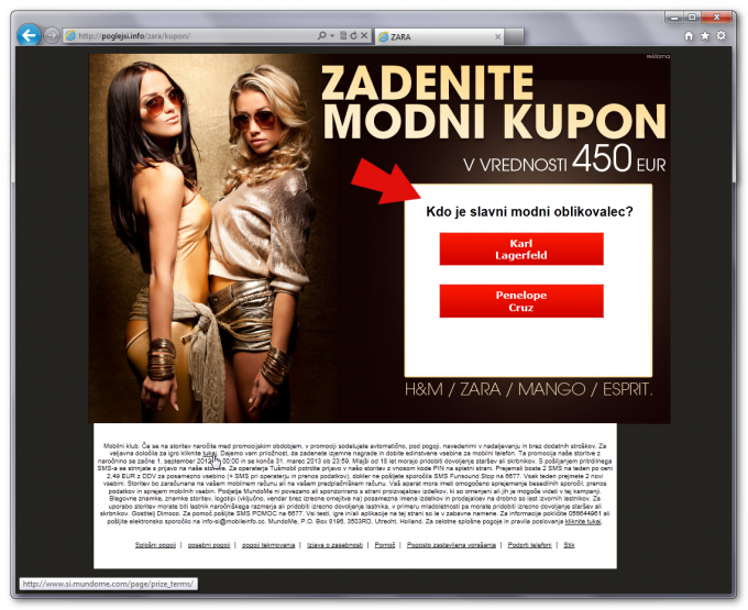 Zaslon, ki prikazuje spletno stran z lažnim modnim kuponom, za prejem katerega moramo vpisati telefonsko številko