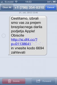 Primer enega izmed sumljivih SMS sporočil.