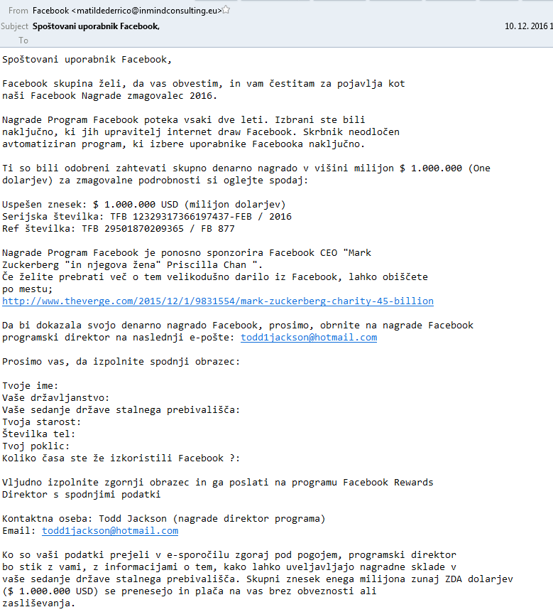 Lažno obvestilo o Facebook nagradi v višini milijona dolarjev.
