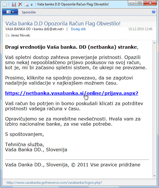 Grafika prikazuje primer elektronskega sporočila, ki uporabnika vabi k vpisu gesla