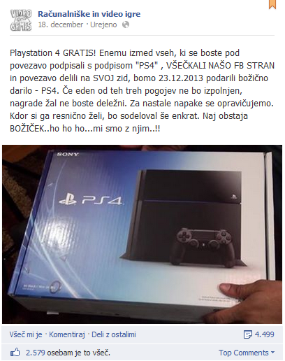 Primer lažne nagradne igre za Playstation 4 na Facebooku