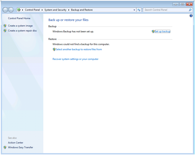 zaslonksi posnetek nastavitve varnostnega kopiranja v Windows 7
