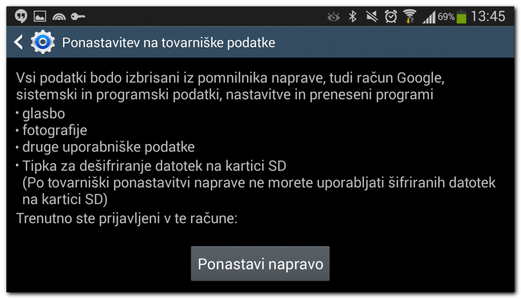 Pojavno okno ponastavitev tovarniških nastavitev