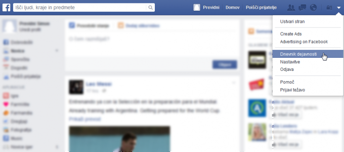 Zaslon, ki prikazuje, kje na Facebooku najdemo "Dnevnik dejavnosti"