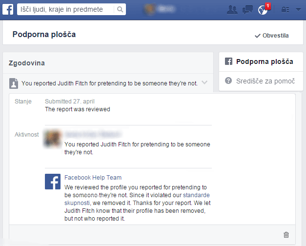 Zaslon, ki prikazuje potek pregleda prijave na Facebooku