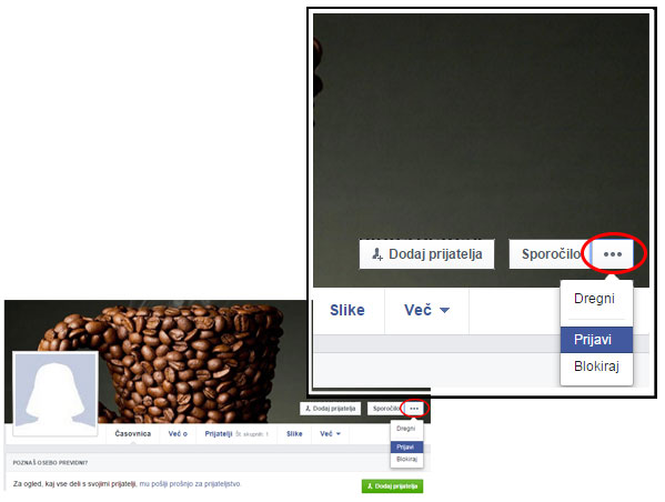 Zaslon, ki prikazuje, kako prijavite lažni Facebook profil.