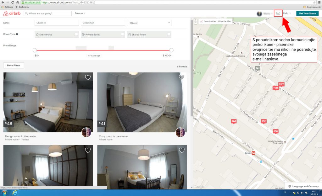 Prikaz zaslona, kje najdete ikono za začetek pogovora na platformi AirBnb.