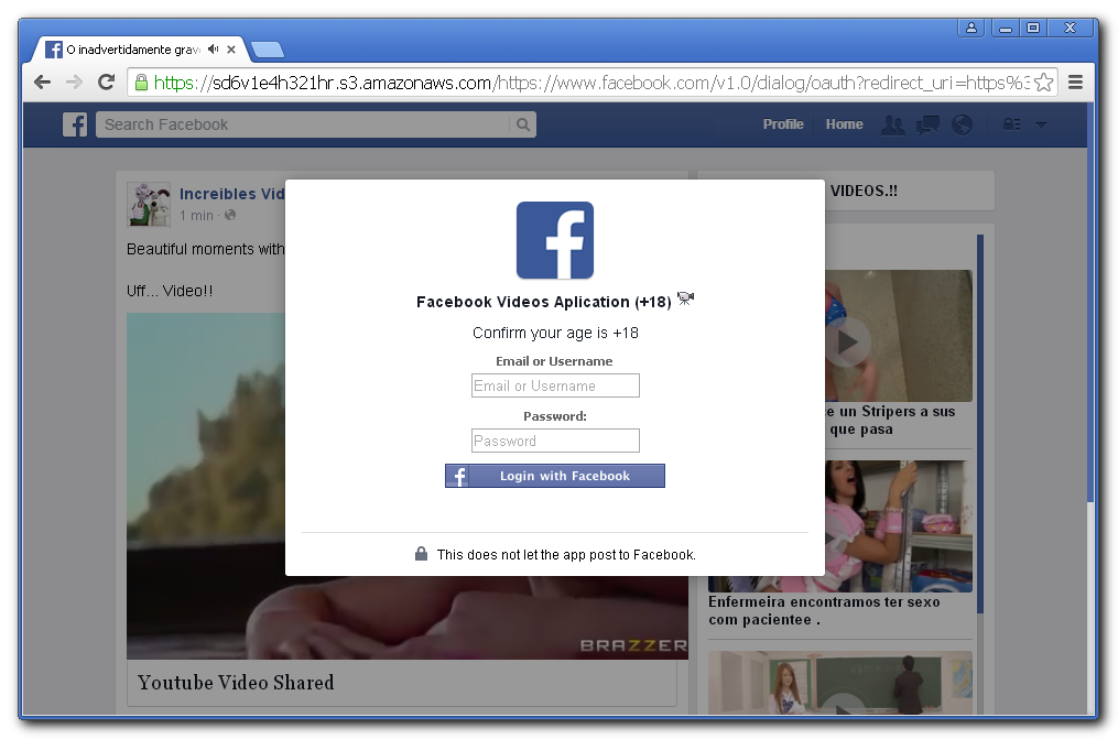 Spletna stran z lažnim žgečkljivim videom s pojavnim oknom, v katerega naj bi vpisali svoje Facebook uporabniško ime in geslo