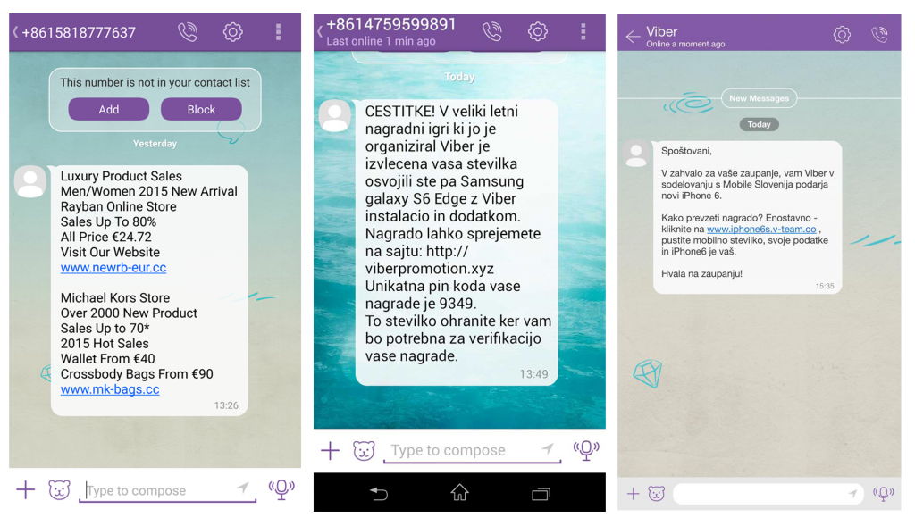 Primer lažnih sporočil na Viberju, ki obljubljajo pametne telefone, damske torbice in sončna pčala