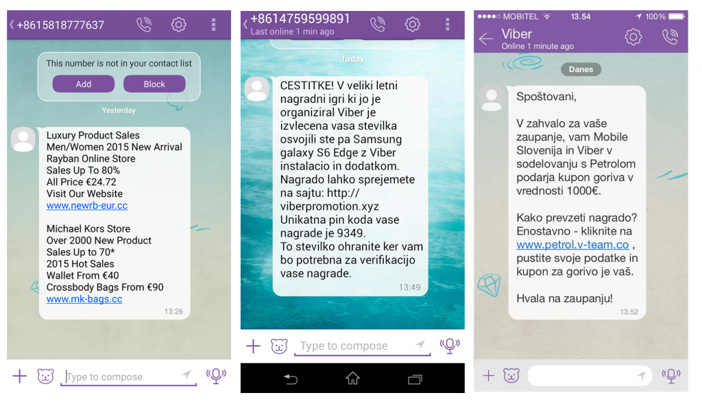 Primeri lažnih Viber sporočil o nagradi, s katerimi nas poskušajo ukaniti, da se včlanimo v SMS klub