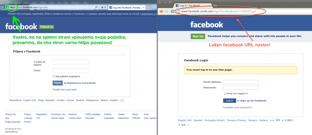 Primer lažne in prave Facebook strani
