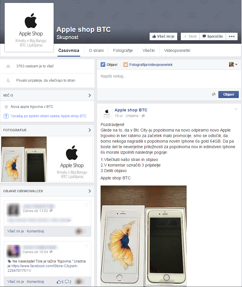 Lažna Facebook stran Apple shop BTC