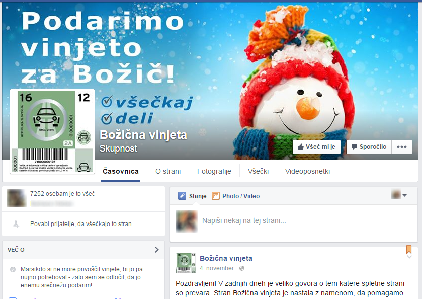 Facebook stran Božična Vinjeta, ki z lažno nagradno igra pridobiva vešečke.