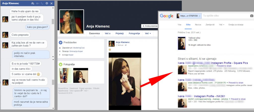Lažni profil Facebook uporabnika in okno, ki prikazuje, da je slika ukradena s spleta