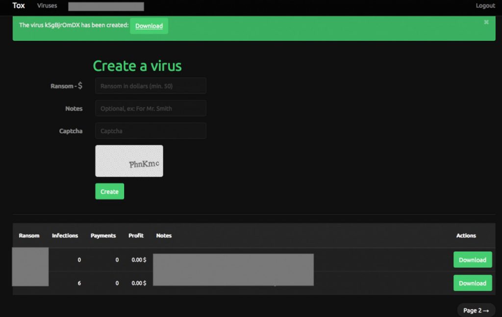 Primer ponudbe virusov na temnem spletu.