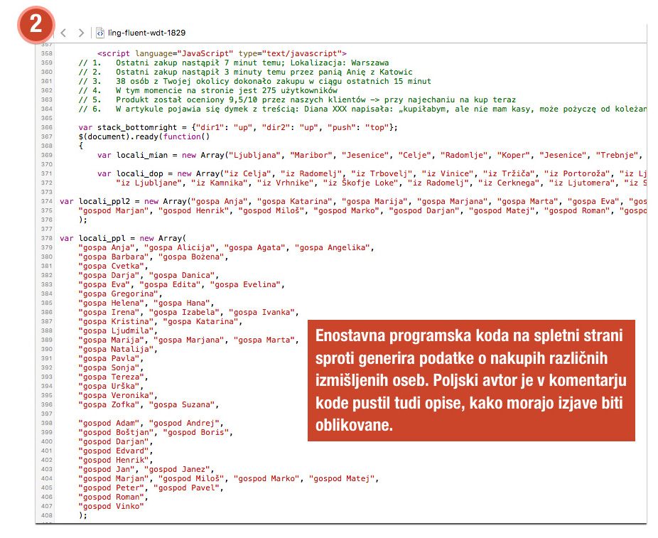Zaslon, ki prikazuje programsko kodo, ki generira lažna obvestila o nakupu programa