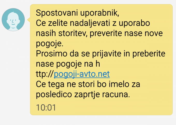 Primer phishing sms sporočila