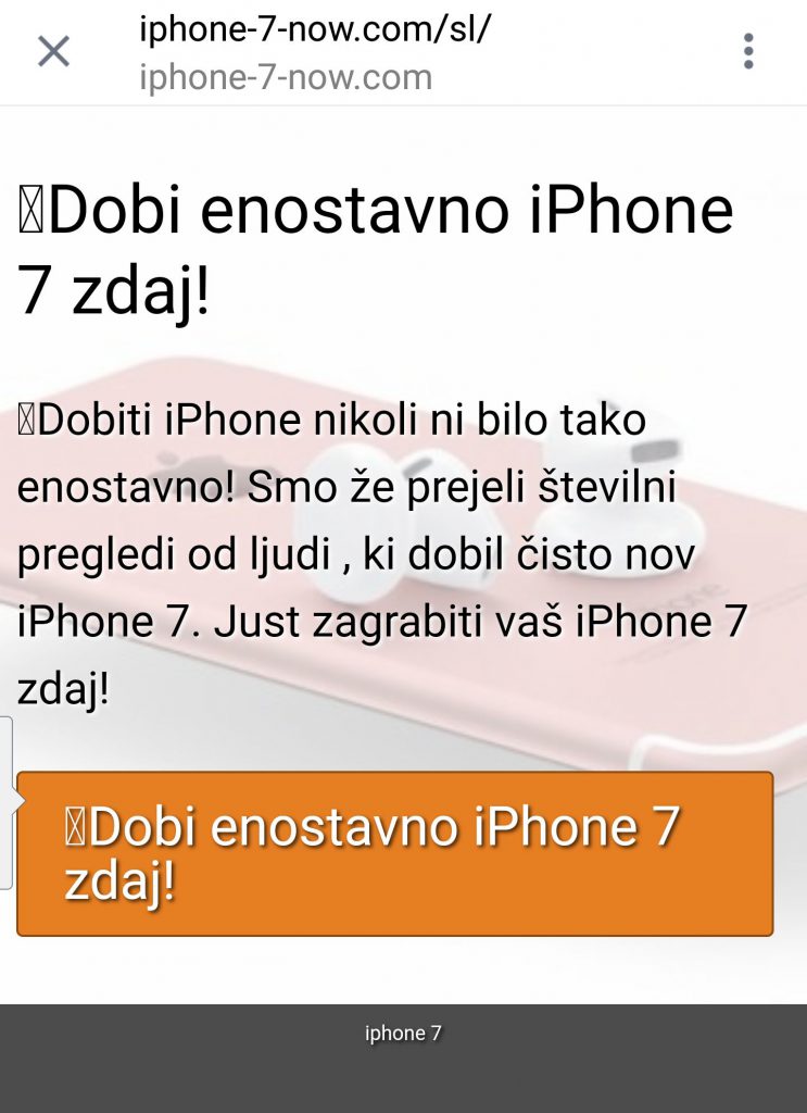 Primer lažne nagradne igre za iPhone v polomljeni slovenščini