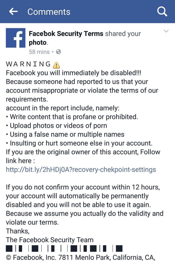 Lažno obvestilo s strani "Facebook Security Terms", s katerim nam poskušajo ukrasti geslo