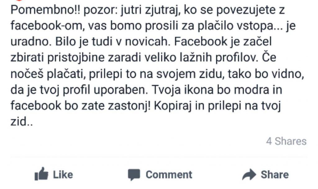 Obvestilo, ki nas skuša prepričati, da bo Facebook od zdaj naprej plačljiv.