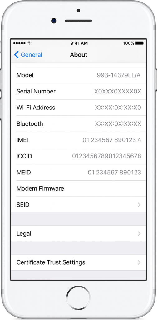 Zaslon ekrana, kjer piše IMEI številka vašega iPhona
