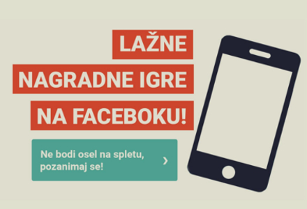 Grafika, na kateri je pametni telefon in napis "Lažne nagradne igre na Facebooku!"