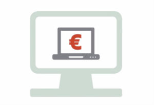 Grafika, na kateri je računalniški monitor, na katerem je laptop in znotraj ekrana znak za evro