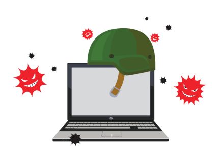Grafika, na kateri je laptop in na njem vojaška čelada ter okoli rdeči simboli za eksplozijo z zlobnim obrazom