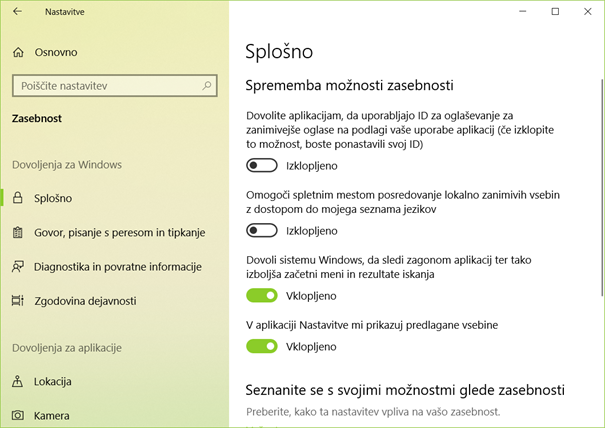 Zaslon, ki prikazuje nastavitve zasebnosti v Windows 10