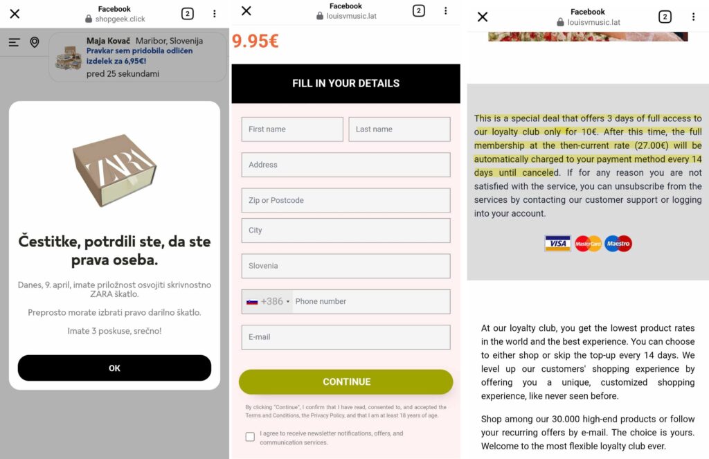 Spletne povezave v takih objavah vodijo na lažne spletne strani, ki nimajo nobene povezave z dejansko znamko.