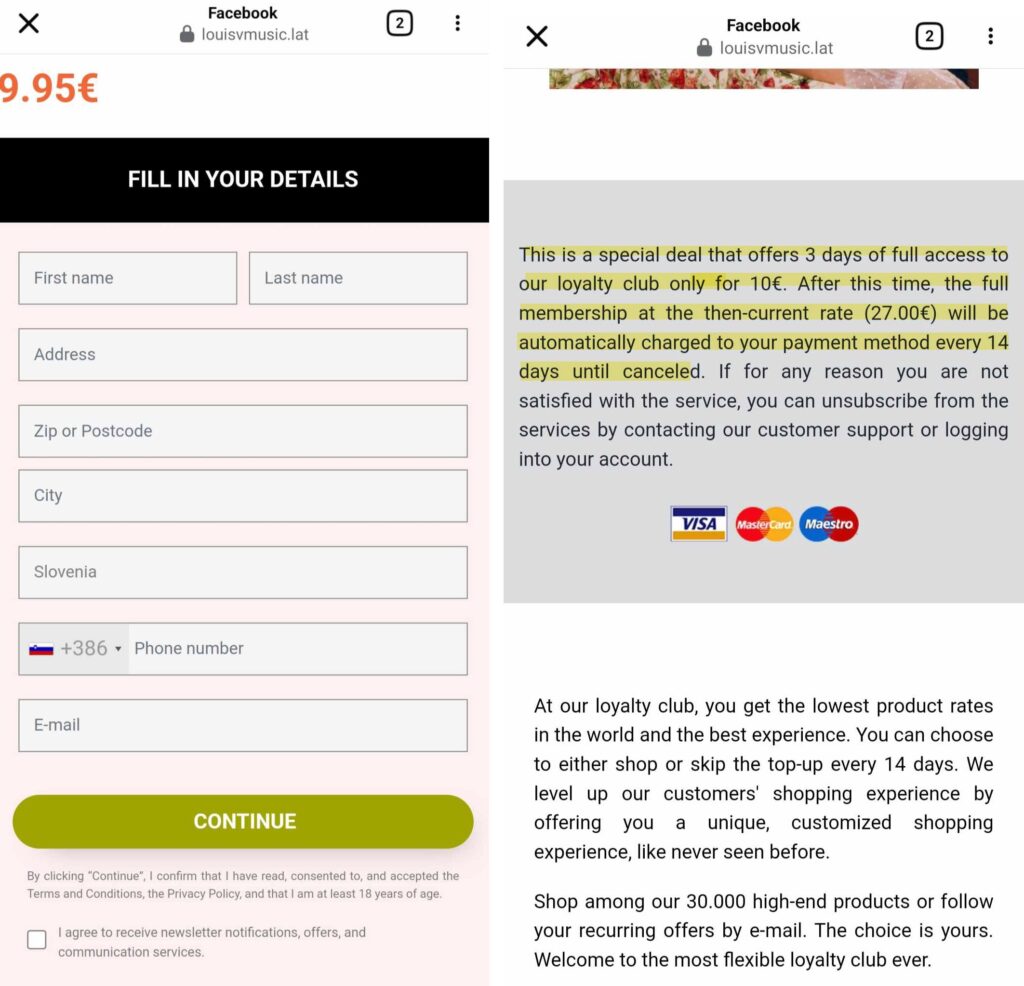 Plačilni obrazec in drobni tisk, ki navaja, da mesečna naročnina storitve, ki ni to, kar se je oglaševalo, znaša več kot 60 €.
