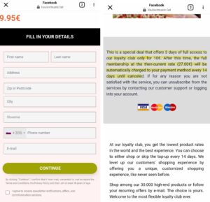 Plačilni obrazec in drobni tisk, ki navaja, da mesečna naročnina storitve, ki ni to, kar se je oglaševalo, znaša več kot 60 €.