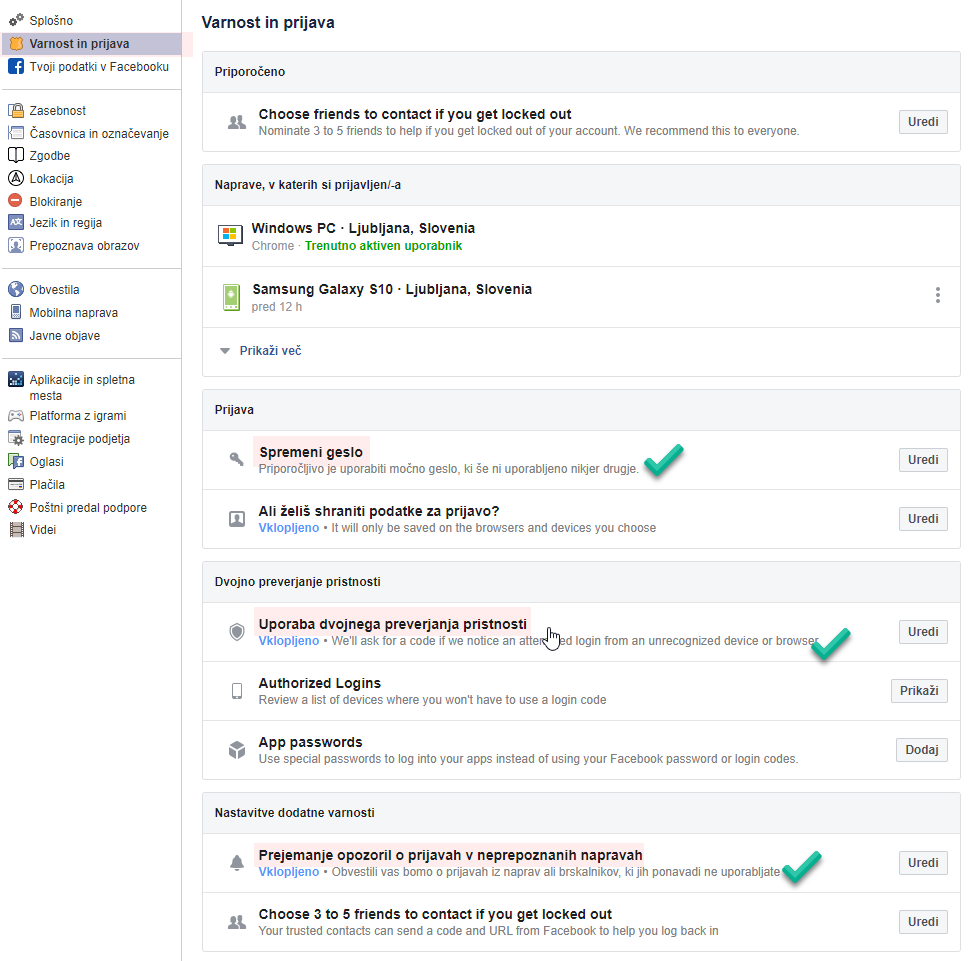 Dodatni Facebook varnostni elementi za večjo zaščito računa