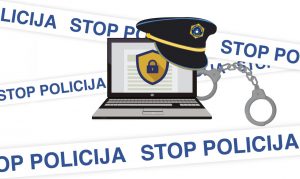 Naslovna grafika Priročnika za policijo, na kateri je računalnik, policijska kapa, lisice ter policijski trak z napisom "Stop policija"