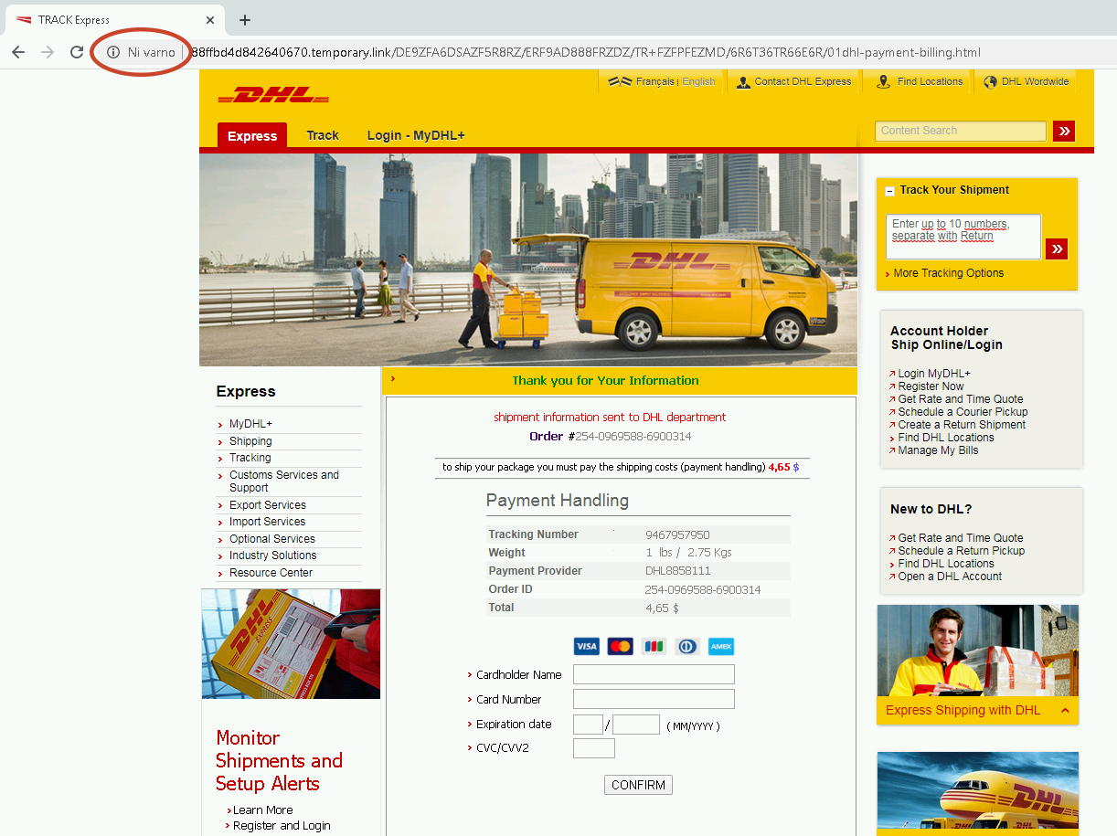Lažna spletna stran DHL, ki prikazuje, da povezava ni šifrirana