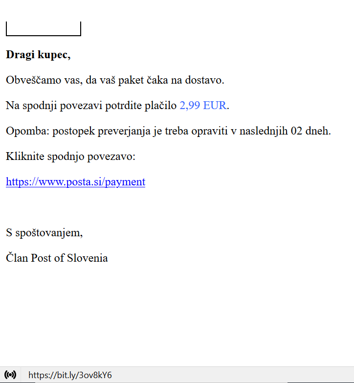 Phishing sporočilo, ki naj bi ga poslala Pošta Slovenije