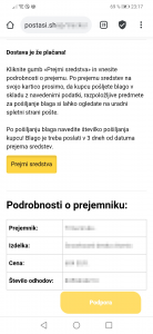 Dostava je že plačana! Kliknite gumb Prejmi sredstva in vnesite odrobnosti o prejemu.