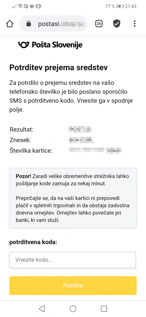 Dostava je že plačana! Kliknite gumb Prejmi sredstva in vnesite odrobnosti o prejemu.