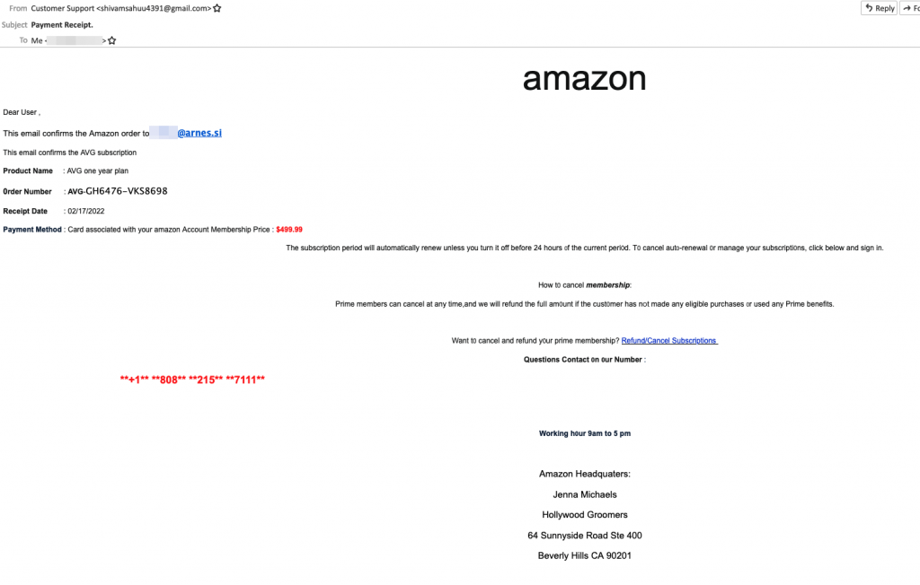 Grafika prikazuje lažni Amazon račun, ki ga pošlje goljuf