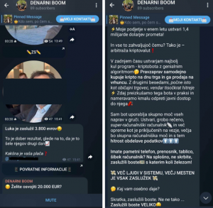 Slika prikazuje chat skupino za promocijo investicijskih prevar.