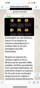 Slika prikazuje predsavitev Whatsapp skupine za promocijo kripto-invsticijskih shem.