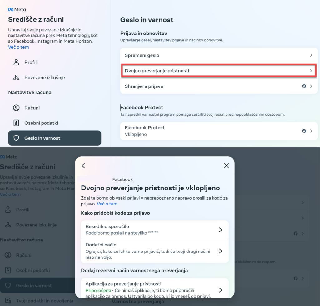 Grafika prikazuje navodila za nastavitev dvofaktorske avtentikacije na omrežju Meta. 
