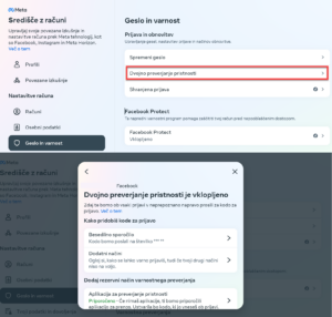 Grafika prikazuje navodila za nastavitev dvofaktorske avtentikacije na omrežju Meta.