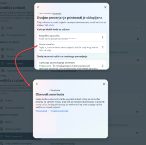 Grafika prikazuje, kako s klikom na 'dodatni načini' odprete in shranite še obnovitvene (backup) kode.