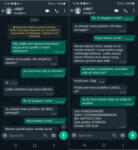 Zajem zaslona pogovora na Whatsappu, v katerem goljuf prosi za pomoč v imenu otroka in pošlje podatke za nakazilo denarja.