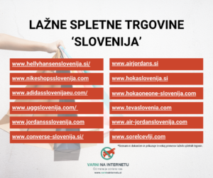 Delni seznam lažnih spletnih trgovin, ki so jim goljufi dodali lokalno noto. Pretežno gre za trgovine z obutvijo (Nike, Adidas, Sorell in podobne).
